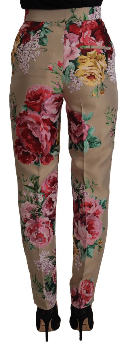【関税&送料込み】Dolce & Gabbana Floral Pants DOLCE & GABBANA Pants Beige Floral Dress Formal High Waist