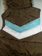 Women's Coffeeshop Brown Teal White Down Removable Fur Hood Vest Jacket Sz XL