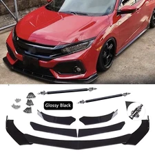 Front Bumper Lip Spoiler /Splitter Strut Rods Glossy For Honda Civic Hatchback