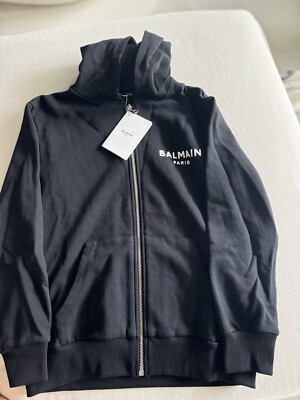 NWT-Balmain Hoodie Black With Zipper, White Letters- Size 10Y