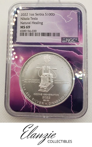 2022 Serbia 1 oz 100 Dinara Nikola Tesla Natural Healing NGC MS69 (POP 42 @ NGC)