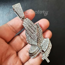 HIP HOP GOLD PLATED ALLOY ICED CUBIC ZIRCONIA LARGE PRAYING HANDS CROSS PENDANT