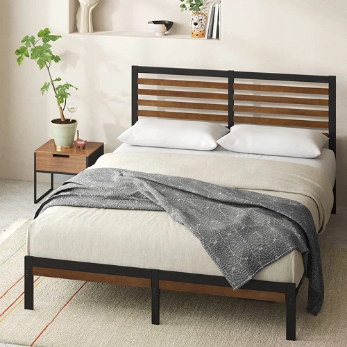  Kai Queen Bamboo & Metal Platform Bed Frame w/ Headboard, No Box Spring Needed