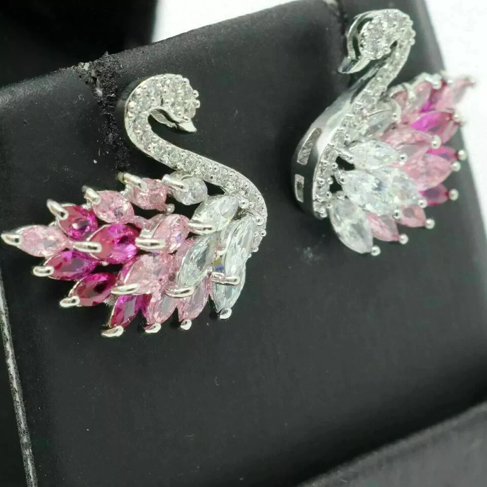 14K White Gold Plated 2.10Ct Marquise Lab Created Diamond Swan Gift Stud Earring - Image 3 of 4