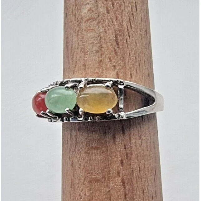 Anillo Avon Vintage Plata de Ley 925 Jade Amarillo, Verde y Naranja Talla 6 At Foto 3 de 4