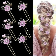 6 Pcs Bridal Flower Wedding Hair Pins Crystal Pearl Hair Romantic Lilac Purple