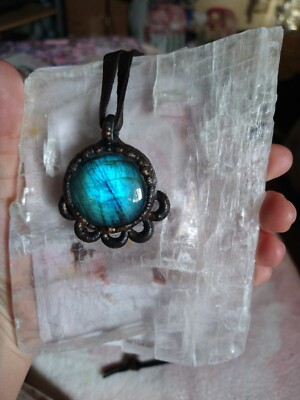 Blue Labradorite Electroformed Copper Pendant Leather Strap