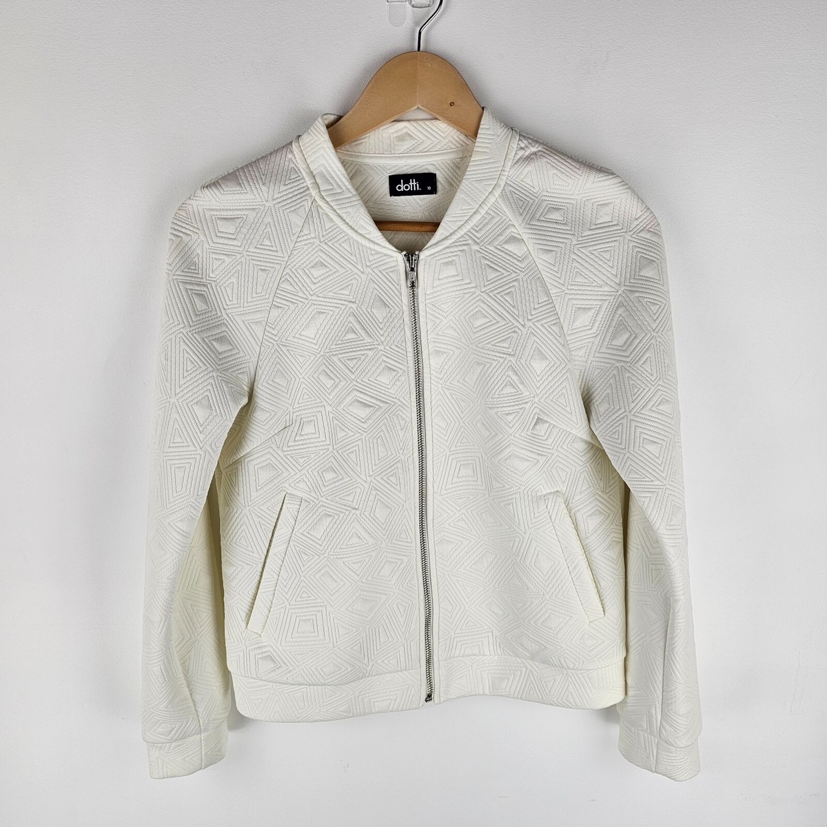 Dotti Bomber Jacket Women 10 Ivory Full Zip Stretch Knit Geometric