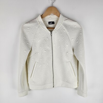 Dotti Bomber Jacket Women 10 Ivory Full Zip Stretch Knit Geometric
