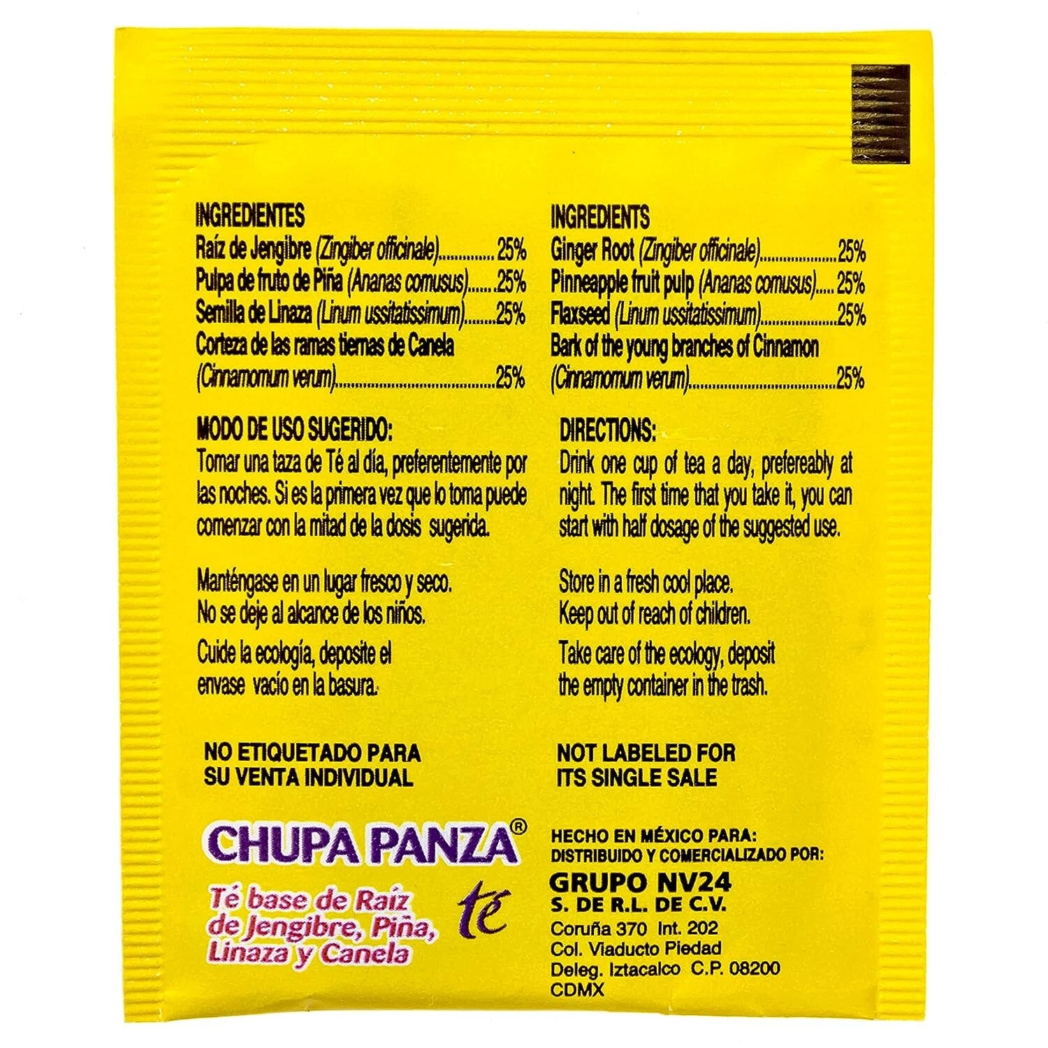 Chupa Panza Detox Ginger Tea 30 Bags Te Chupa Pansa Pineapple, Flax, Cinnamon
