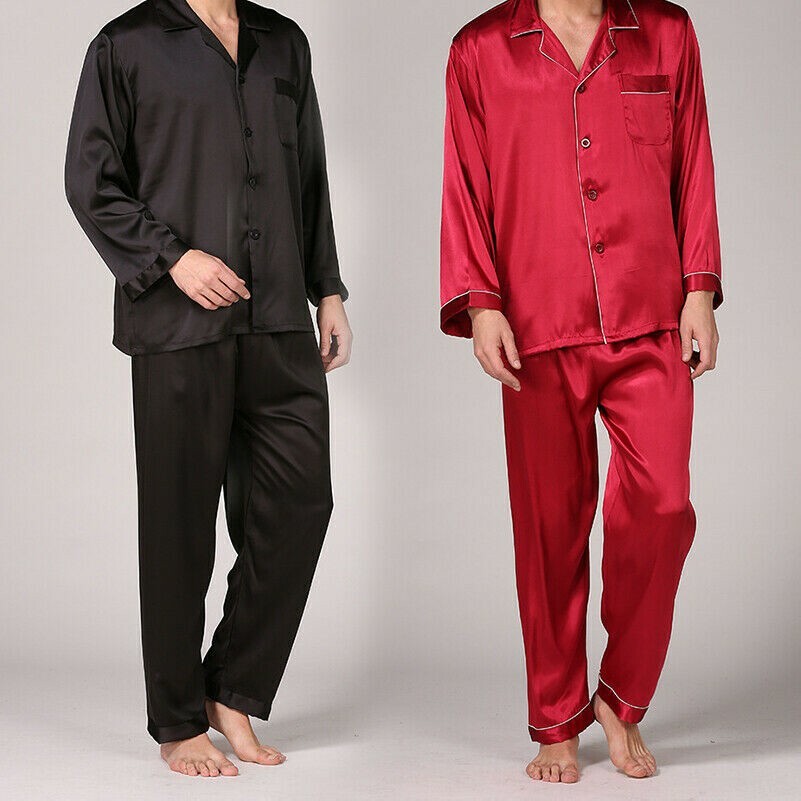 Set Pigiama In Seta Da Uomo | Set Pigiama In Raso Blu Camicia Da Notte Comoda Biancheria Da Notte Leggera Elegante Abbigliamento Per La Casa Tinta Unita Camicia Da Notte Elasticizzata Colletto - Foto 7