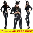 Women Faux  PU Leather Cat Mask Catsuit Cosplay Halloween Jumpsuit Sexy Bodysuit