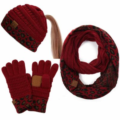 C.C 3pc Leopard Ponytail Messy Soft Warm Soft Knit Beanie  display picture 1