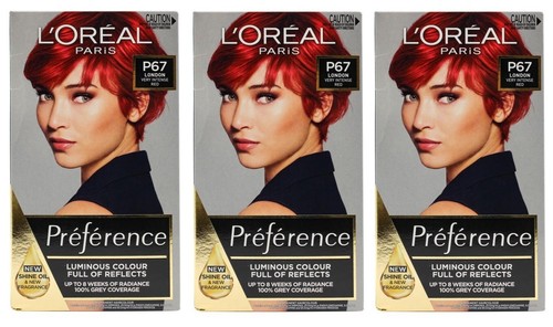 3 x LOREAL PREFERENCE PERMANENT HAIR COLOUR P67 LONDON VERY INTENSE RED ...