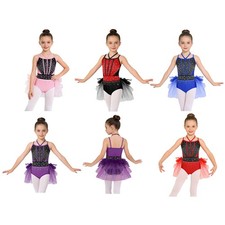 Kids Girls Tulle Dress Spaghetti Straps Leotard Color Block Dance Costume