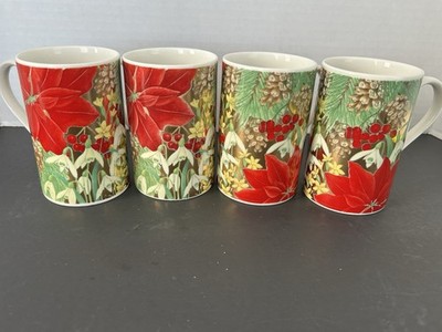 Dunoon Noel Red Poinsettia Coffee Mug Cup Holly Gold Accents Set of 4 Bone China