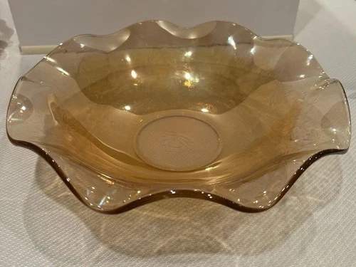 Vintage Carnival Glass Bowl Marigold Iris Ruffled Edge 11.5” Diameter
