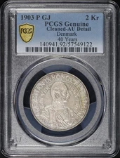 1903-P GJ Denmark Silver 2 Kroner 40 Years KM#802 PCGS AU Details Cleaned