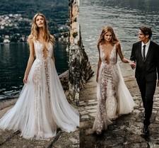 Beach Wedding Dress V-neck Lace Floral Bohemian Country Full Length Bridal Gowns