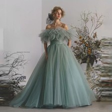 Tulle Long Evening Dress Wedding Off Shoulder Pleat Corset Bridal Party Dress
