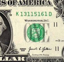 5 of a kind Fancy Serial Number one Dollar Bill K13115161D