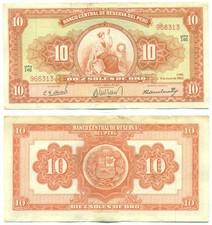 PERU NOTE 10 SOLES DE ORO 1961 P 82A VF+