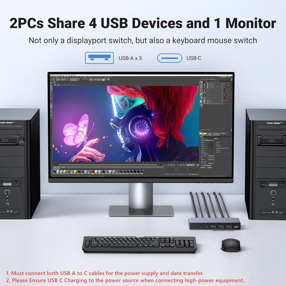 UGREEN 8K KVM Switch DP 1.4 2 In 1 Out USB 3.0 USB-C 8K@60Hz 4K@240Hz mit Kabel - Bild 3 von 4