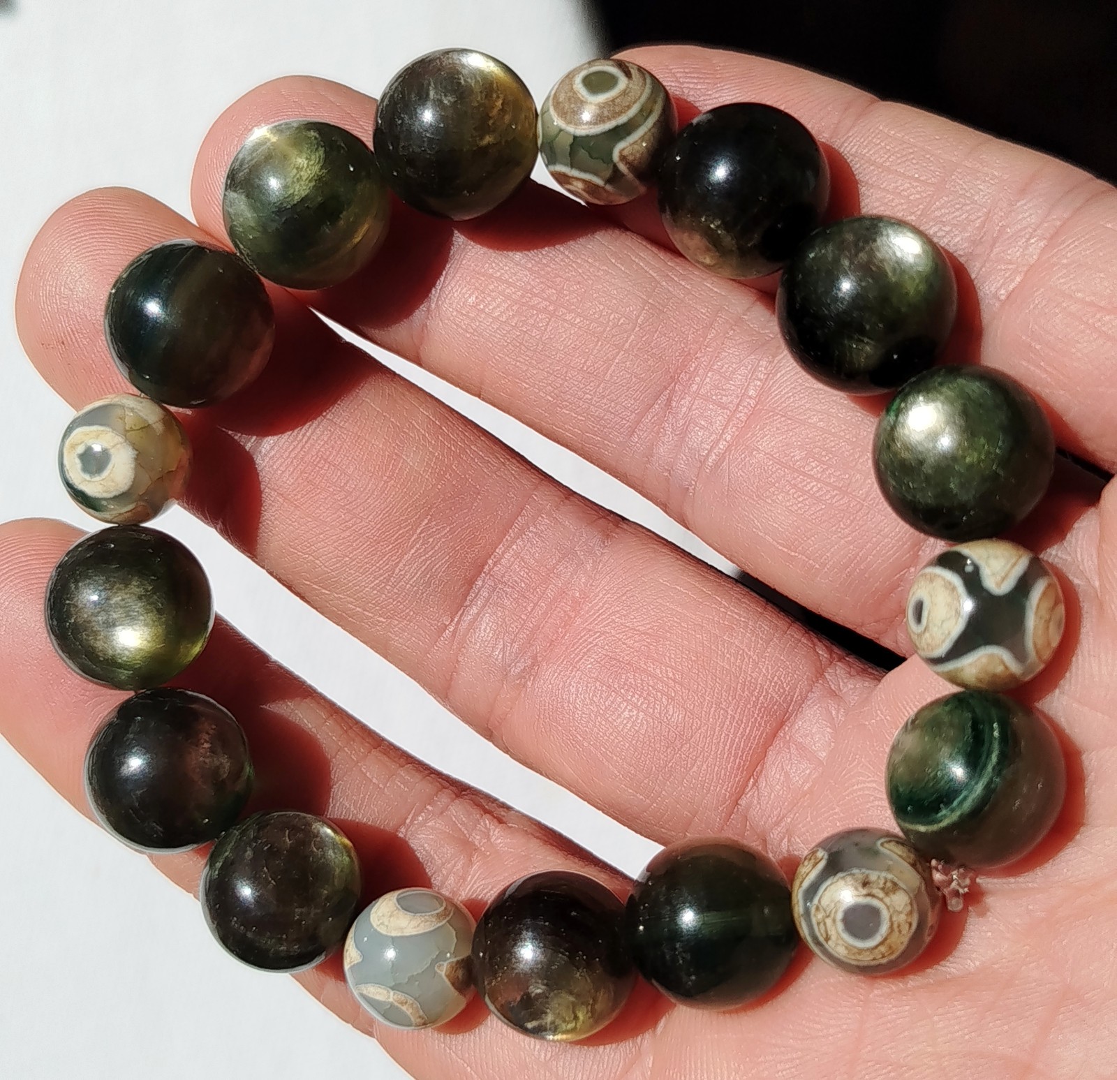Bracelet Lépidolite verte véritable et perles sacrées DZI de 12mm