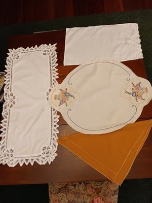 Table of Vintage Linens - As Is Condition: Runners, Doilies, Napkins, More