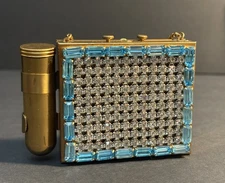 Vintage Mid Century Clear Rhinestones Aqua Baguettes Compact/Powder Case