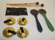 8 Vintage Musical Instruments Noise Makers clackers, drum sticks, finger clacker