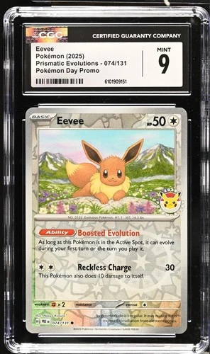 CGC 9 EEVEE 2025 POKEMON DAY PROMO PRISMATIC EVOLUTIONS REVERSE HOLO 074/131