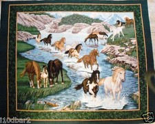HORSE FABRIC PANEL RIVER RUN fabric QUILT TOP WALLHANGING HORSES BY THE STREAM