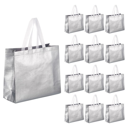 Reusable Gift Bags Silver Tone Glossy Grocery Shopping Bag with Handles 60Pcs