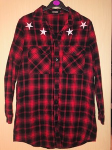 red and black check shirt dress