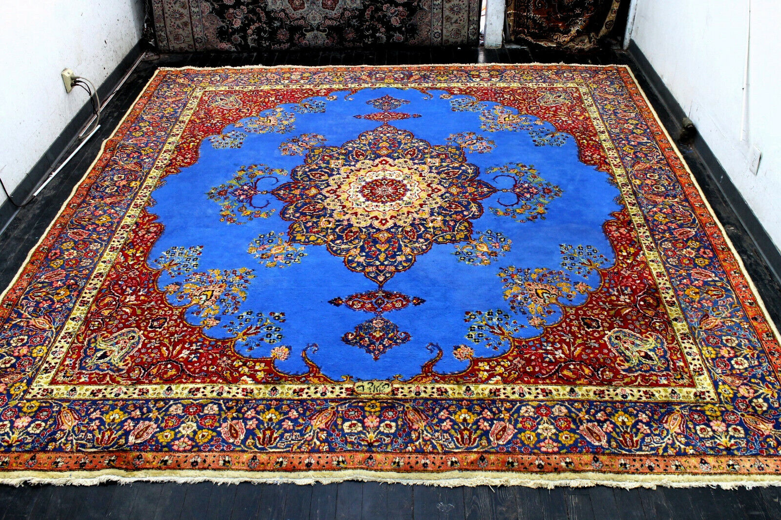 11X11 1940's SIGNED ANTIQUE VEGETABLE DYE HAND KNOTTED SQUARE TABRIZZ WOOL RUG
