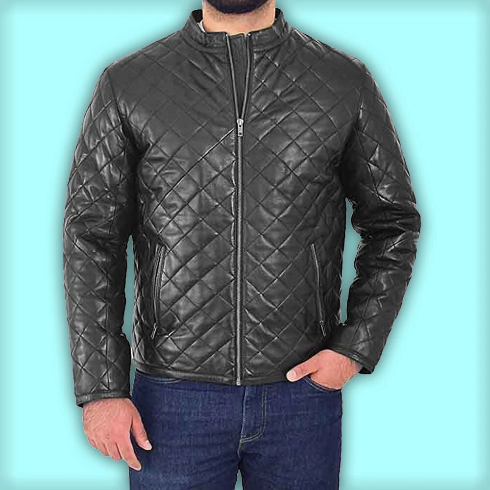Men's Black Quilted Leather Jacket Zip Up Stand Collar Stylish Biker Coat