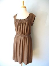 Ann Taylor LOFT Cotton Brown Ruffle Stretchy Pleated Cap Sleeve Dress Women M