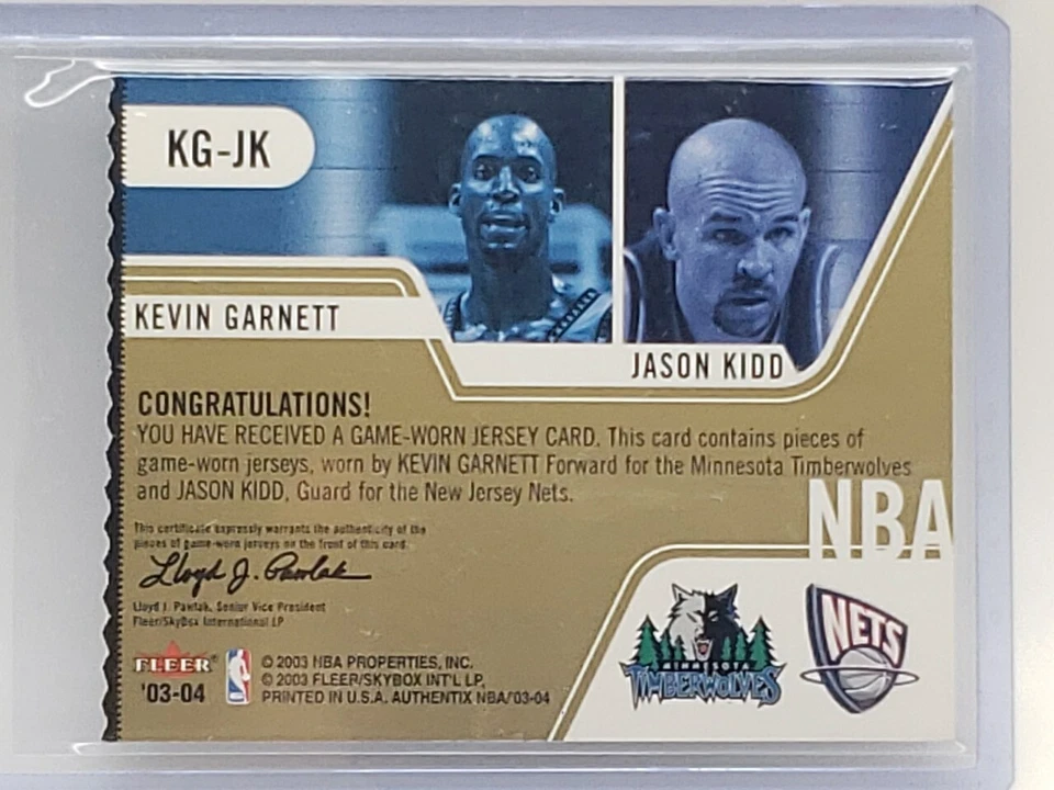 Camiseta deportiva Fleer Skybox 2003-04 troquelada Authentix doble juego usada K. Garnett J. Kidd Foto 4 de 4