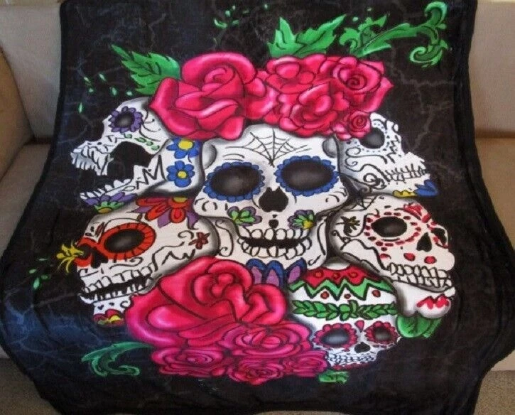 全新 Six Skulls & Roses 毛绒扔礼物毯 Sherpa Ardras Day of the Dead — 第 2/4 张图片