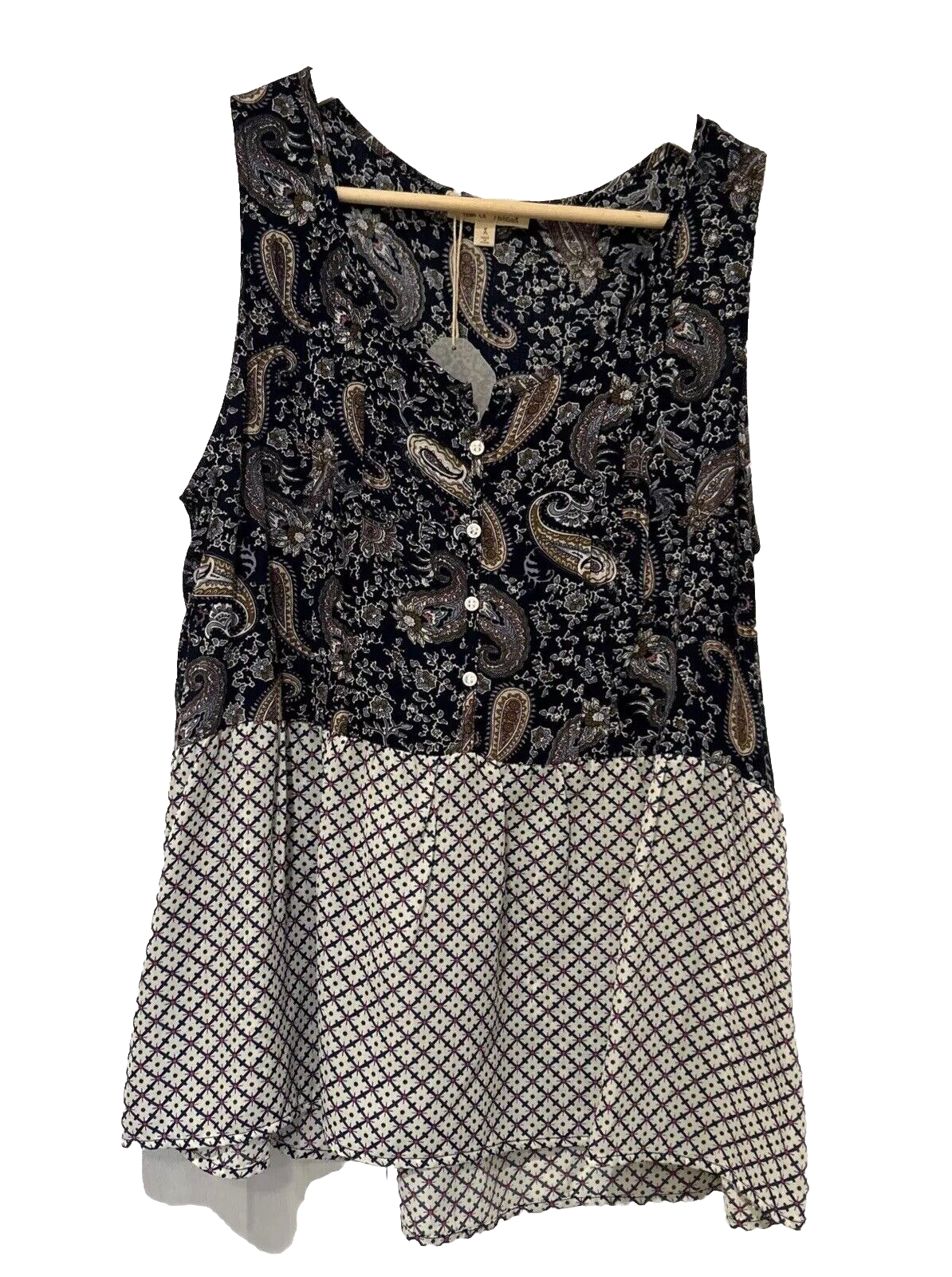 Hem & Thread Womens Sleeveless Blouse L Blue  Paisley Rayon Babydoll Boho NWT