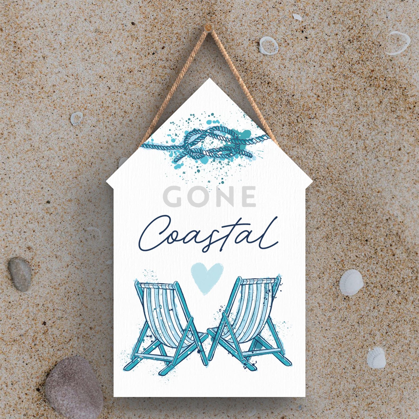 GONE COASTAL DECK CHAIRS WATERCOLOUR EFFECT WOODEN BEACH HUT HANGING PLAQUE