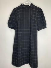 Loft Womens 6 Black White Windowpane Plaid Puff-Sleeve Shift Dress Mock Neck