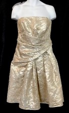 Carolina Herrera Dress Gold Strapless Embroidered Ruched Rhinestones Size 10