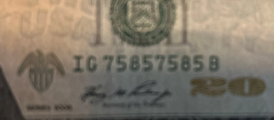 $20 Dollar Bill, SUPER Repeating Serial Number 75857585 - Image 3 of 4