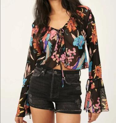 Free People Of Paradise Bell Sleeve Top M *Black Floral* NEW!