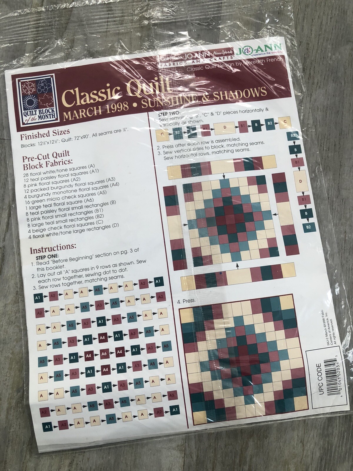 Vintage 1998 JoAnn Fabrics Quilt Block of the Month Kit MARCH Sunshine