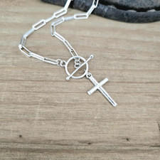 Cross Toggle Necklace, Sterling Silver Cross Jewelry, Paperclip Cross Necklace