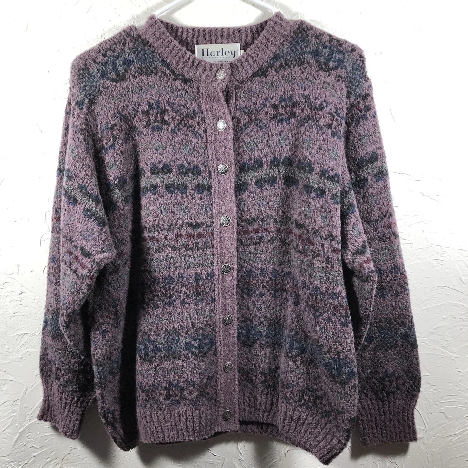 Suéter Harley of Scotland Para Mujer Talla S Púrpura Fair Isle Lana Merino Cárdigan Foto 2 de 4