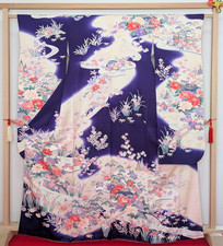 Authentic Japanese Kimono Silk Furisode Purples Waves Floral Gold Textile Art
